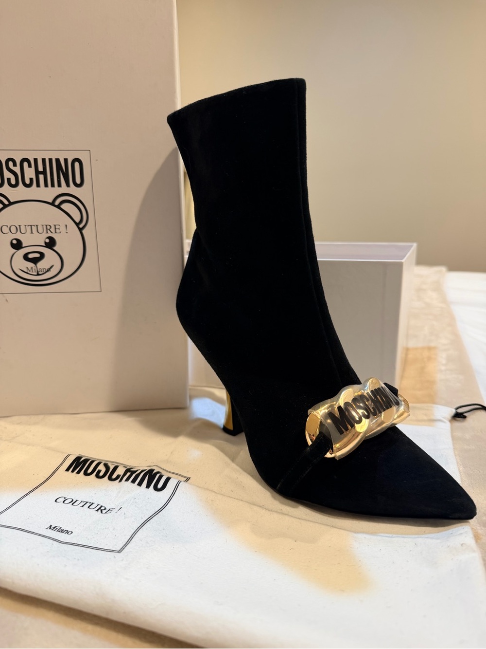 Moschino Black Velvet Sock Boot with Gold Logo Chain